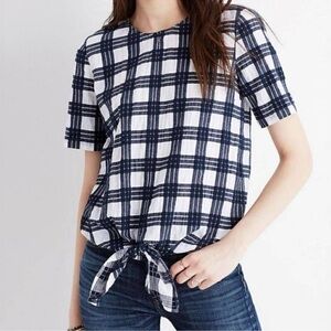 Madewell Navy & White Plaid Button-Back Tie-Front Top